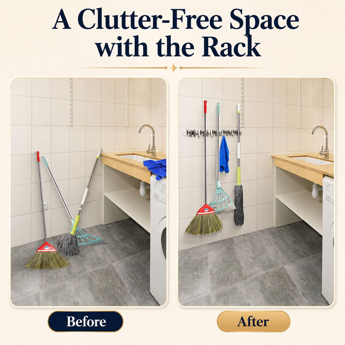 5 Racks and 4 Hooks Mop and Broom Holder Wall Mount