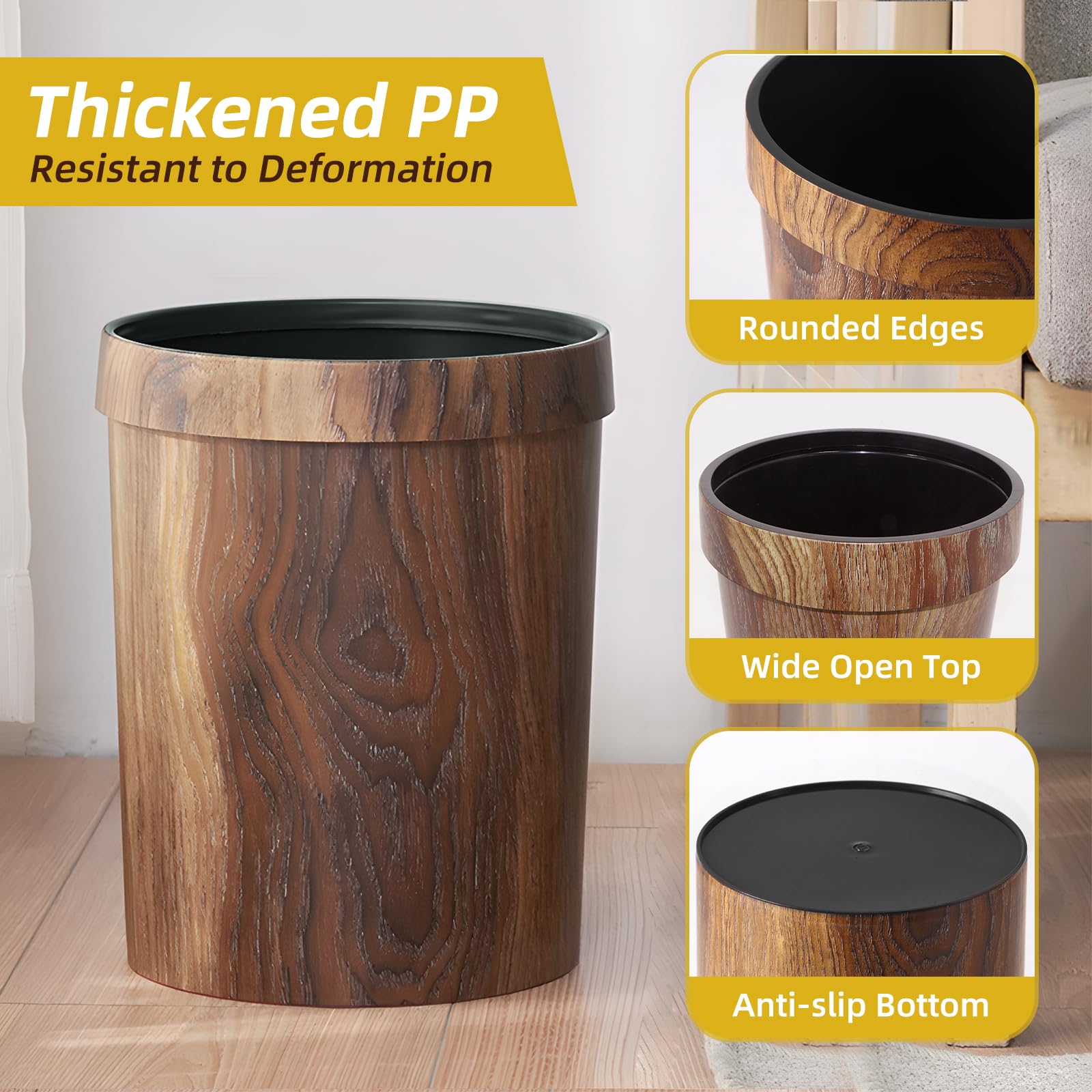 Wood Grain Plastic Trash Can Bedroom (2 Count)