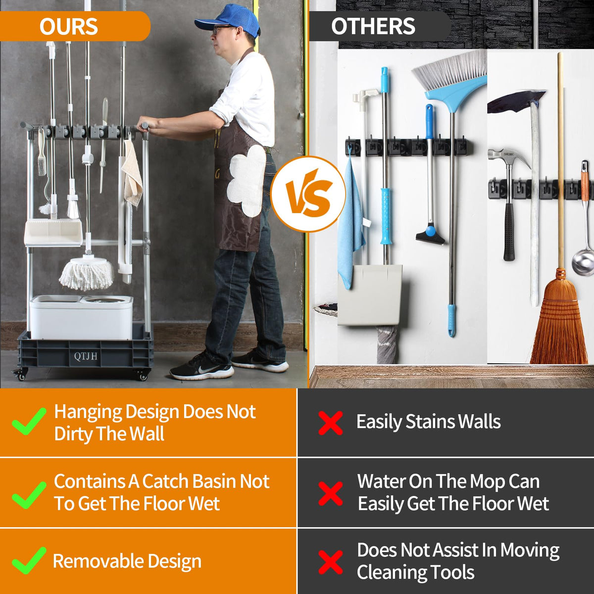 Broom mop holder cleaning supplies organizer janitorial carts on wheels housekeeping station storage tools for garage