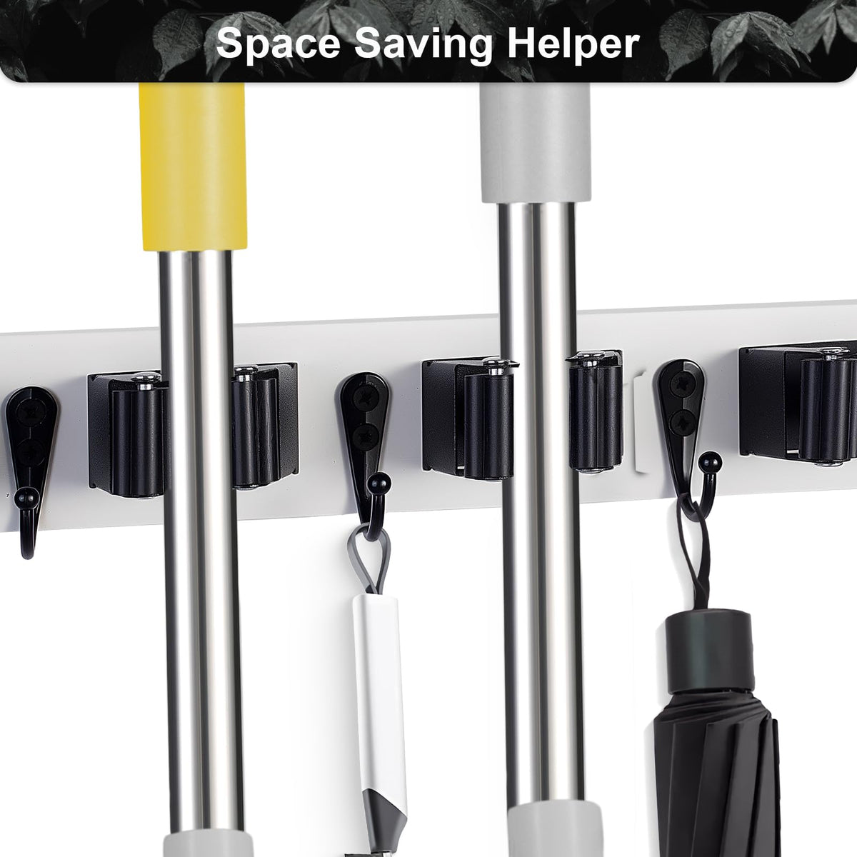 Broom Holder Wall Mount With 5 Slots & 4 Hooks