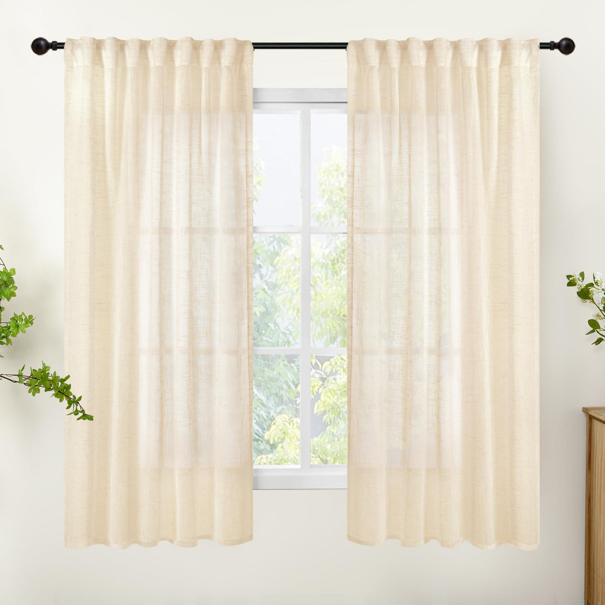 Cream Beige Linen Semi Sheer Curtains 42 X 63 Inch Length 2 Panels Set (2 Count)