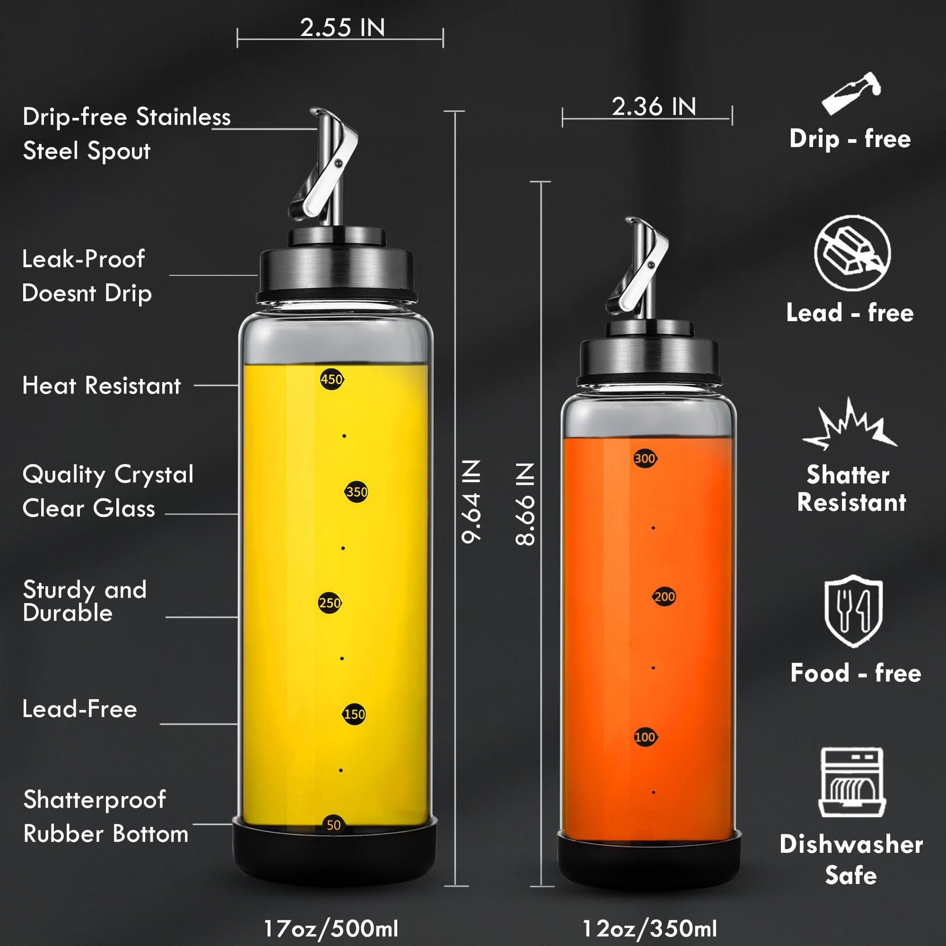Glass Olive Oil Dispenser Bottle for Kitchen Shatterproof & Leakproof Oil and Vinegar Dispenser Set with Stainless Steel Spout & Rubber Bottom 17 oz Olive Oil Bottle for Cooking