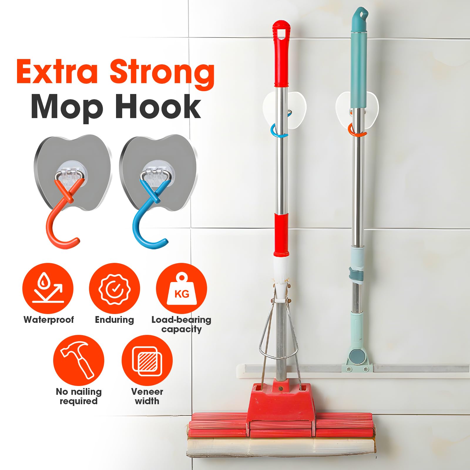 No Drill Broom Holder Adhesive Wall Hooks Heavy Duty Mop Hooks 2Pcs (2 Count)