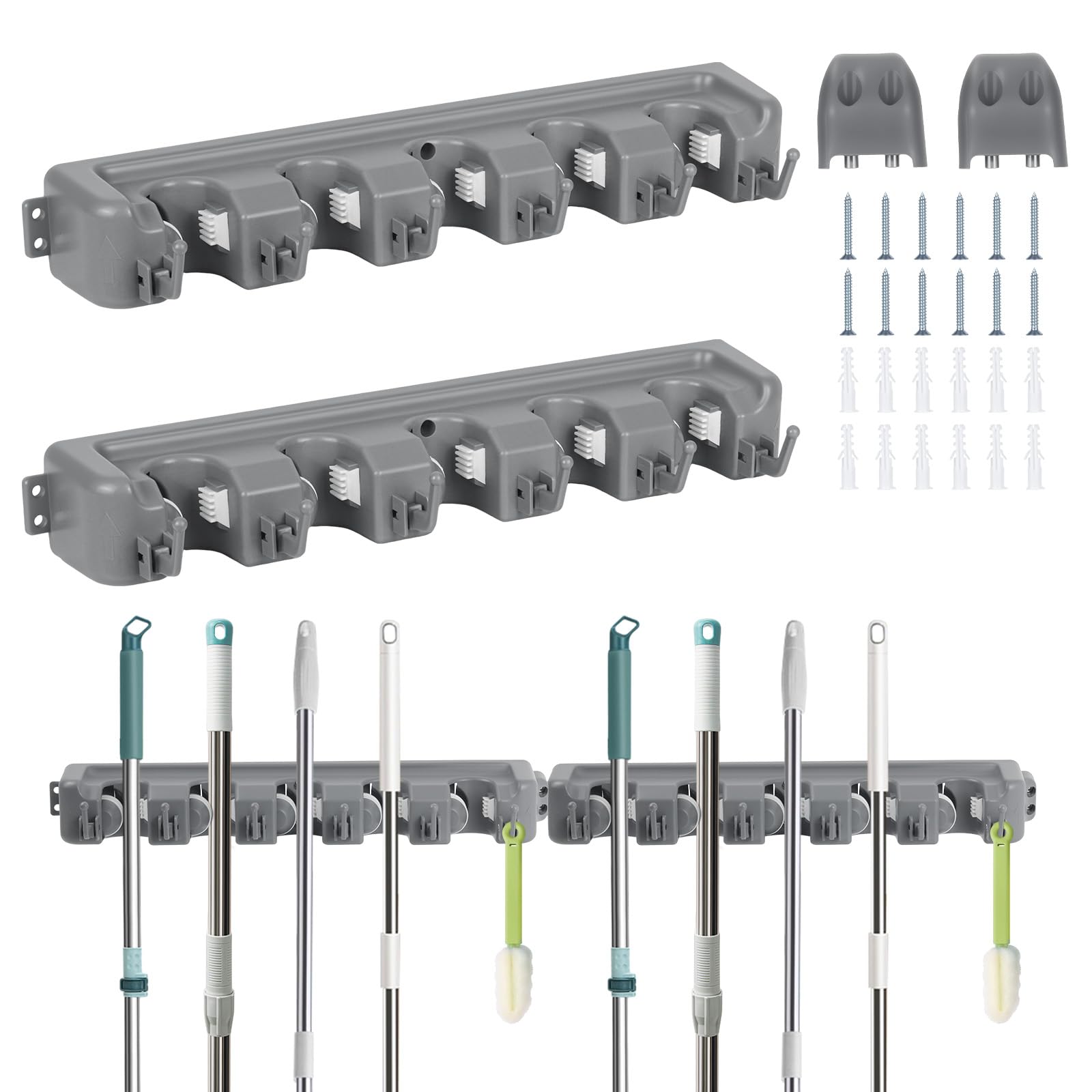 2 Pack 16 in Broom Mop Holder Garage Storage Organizer with 5 Racks 6 Hooks Adjustable Wall Mounted Storage Tool for Lanudry Garage Kitchen Garden (2 Count)