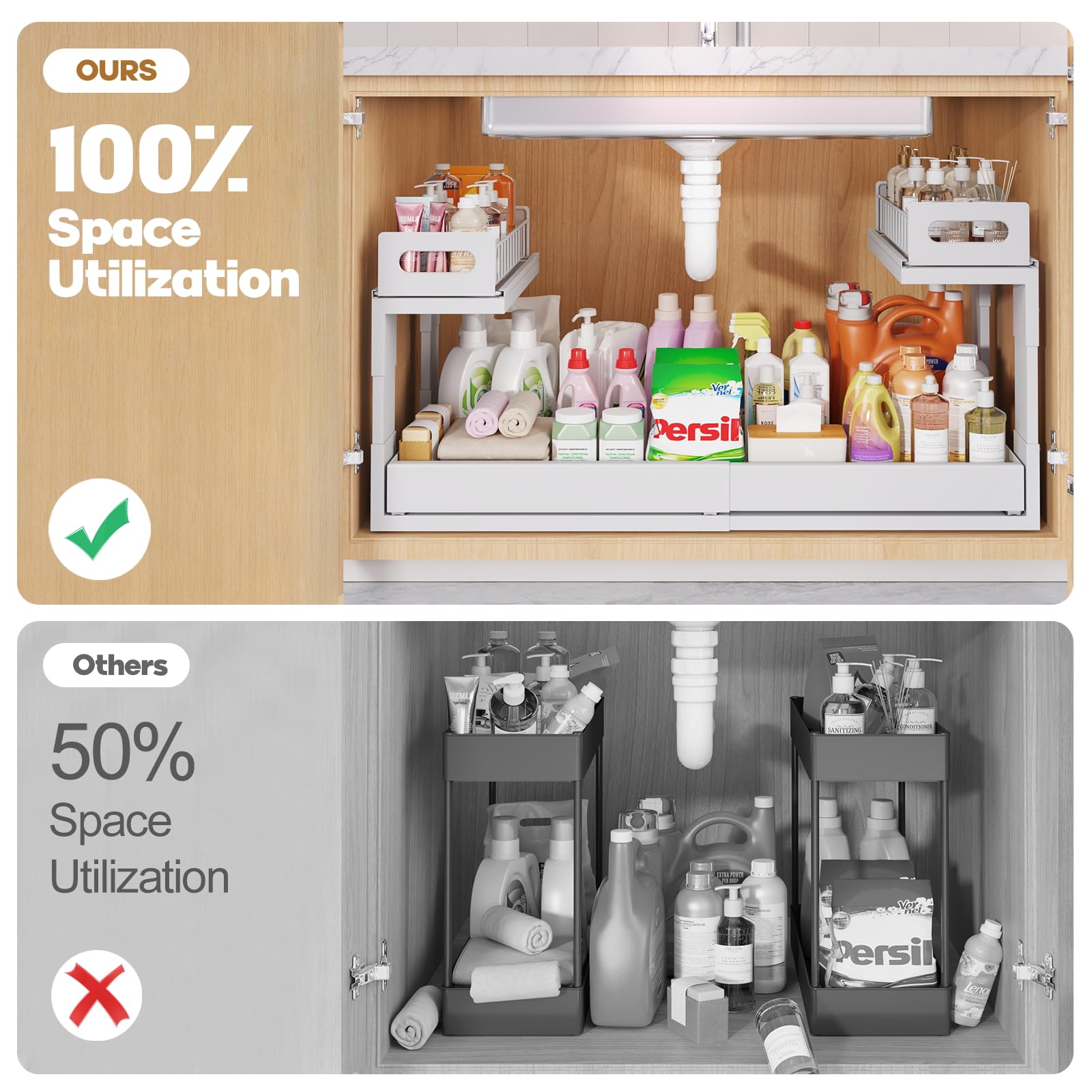 1 Pack-19"-32"W Expandable Under Sink Organizer With Upgrade Ball-Bearing Slide,2-Tier Pull Out Under Cabinet Organizer Height Adjustable,Not Suitable For Cabinets With Partitions In The Middle