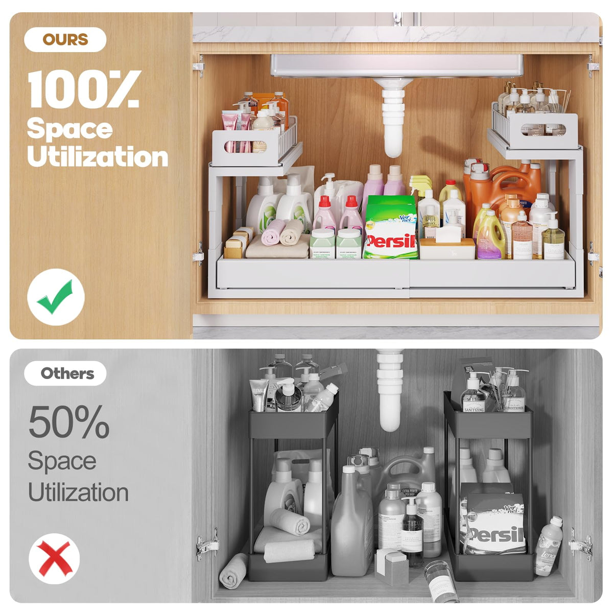 1 Pack-19"-32"W Expandable Under Sink Organizer With Upgrade Ball-Bearing Slide,2-Tier Pull Out Under Cabinet Organizer Height Adjustable,Not Suitable For Cabinets With Partitions In The Middle