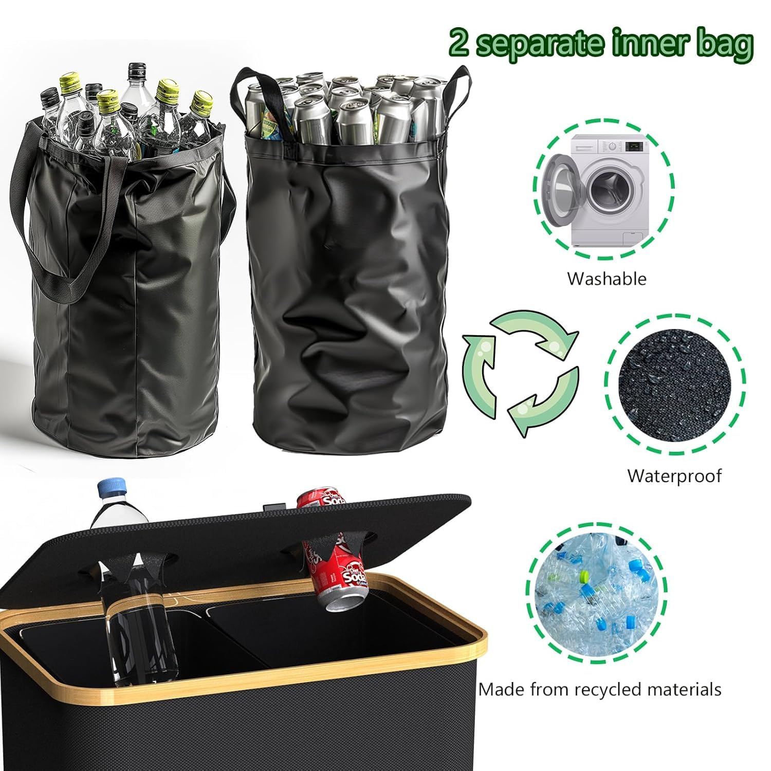 Recycling Bin Kitchen Indoor Home 40 Gallon 156L Recycle Bin with Lid 2 Removeable Reusable Inner Bag Bottle Can Glass Waste Plastice
