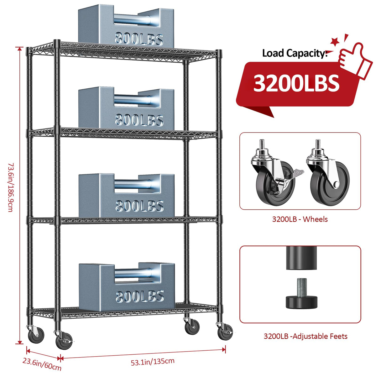 Garage Shelving Wide Storage Shelves 4 Tier Metal Shelves 3200 LBS Heavy Duty Adjustable Utility Shelf Rack Black 23.6" D x 53.1" W x 73.6" H (4 Count)