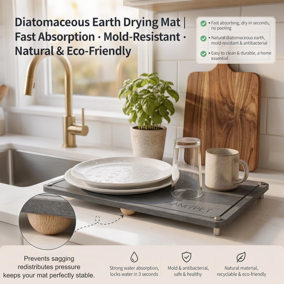 Large Dish Drying Stone Mat for Kitchen 24"x16" Dark Gray