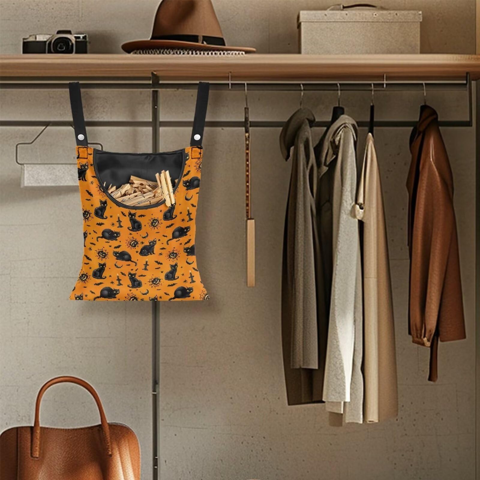 Black Cat Clothespin Bag Orange Clothespin Storage with Hanger Hook Canvas Clothespins Bag with Large Opening Space