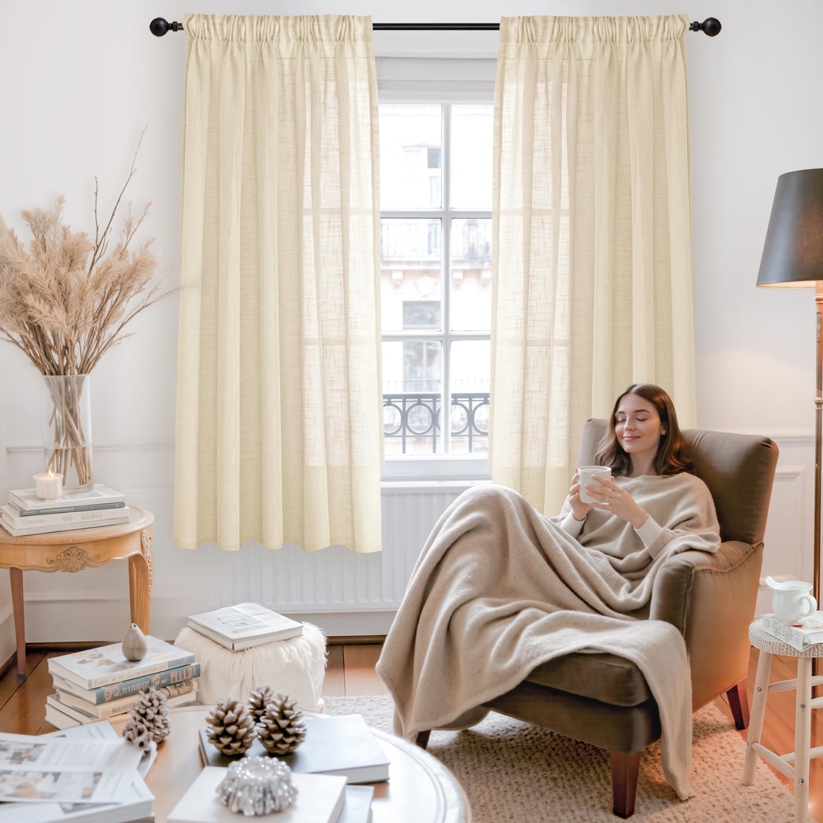 Natural Linen Semi Sheer Curtains 52X63 Inch Length 2 Panels (2 Count)