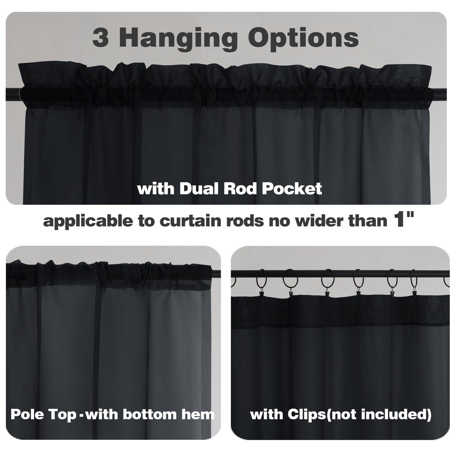 Extra Long Black Sheer Curtains 144 inch 2 Panels (2 Count)