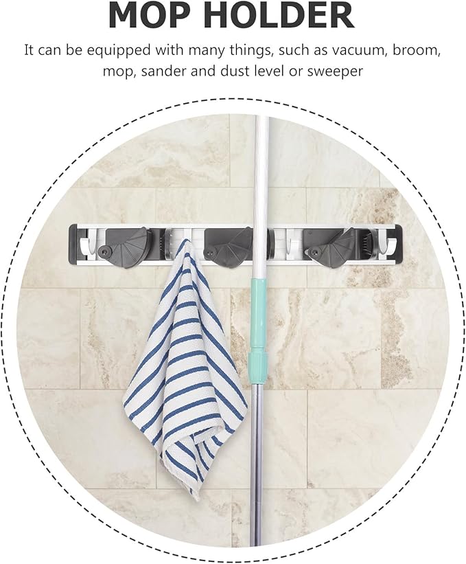 Gadpiparty Space Aluminum Mop Hanger Wall Mounted Nail-free Mop Rack with 4 Hooks Black, Broom Holder and Cleaning Supplies Organizer for Home and Garage Storage