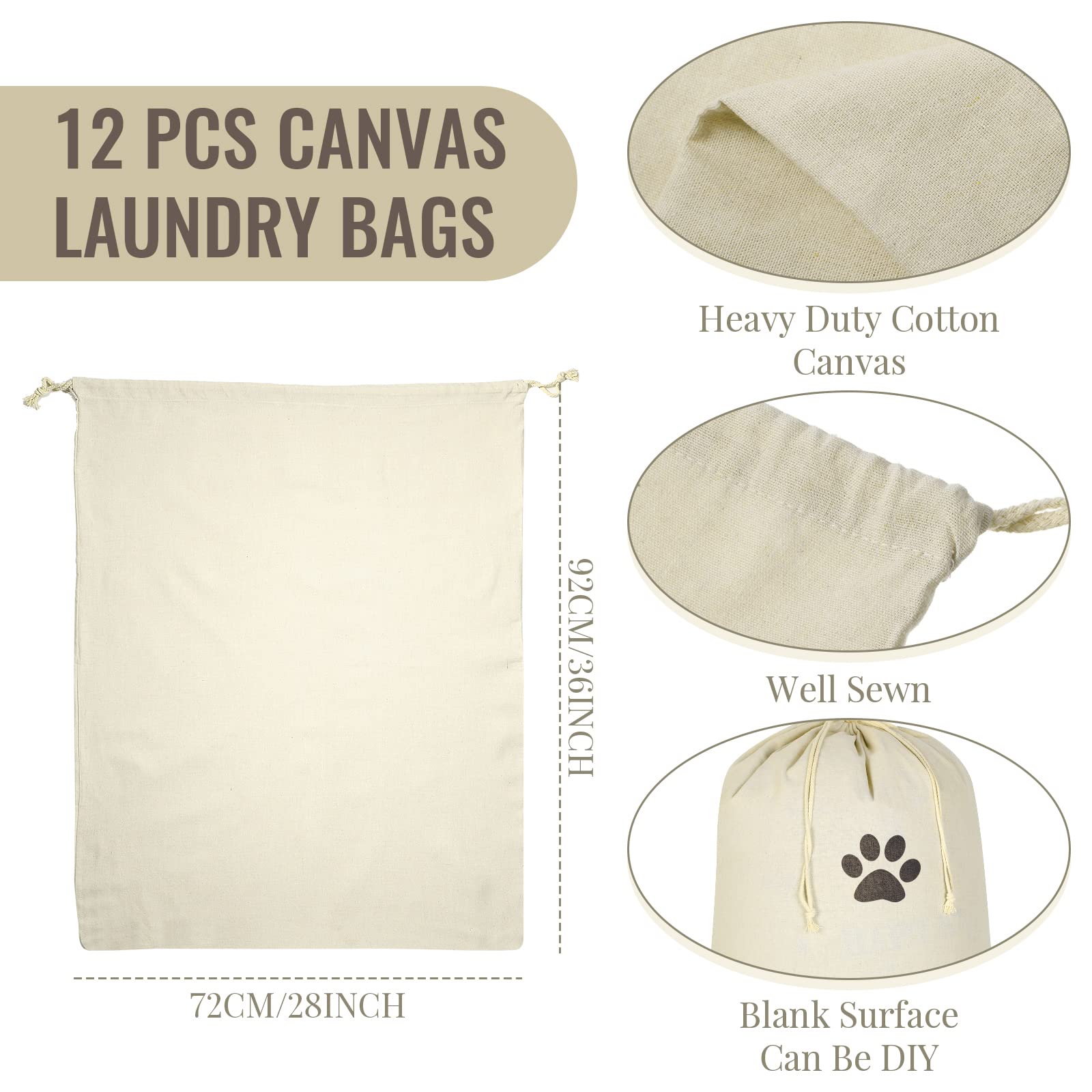 12 Pcs 28" x 36" Canvas Laundry Bags Bulk Large Cotton Laundry with Drawstring Heavy Duty Hamper Liner Washable Dirty Clothes for home College Sports Dorms Travel (12 Count)