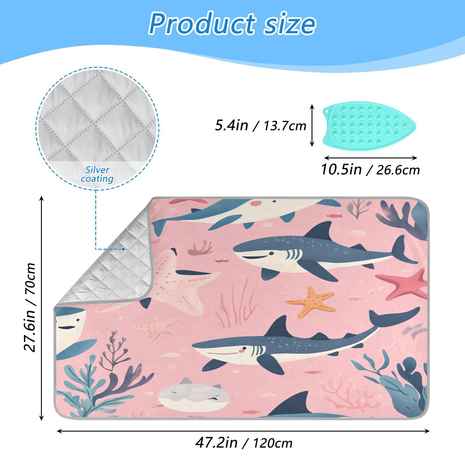 Pink Sharks Starfish and Seaweeds Ironing Mat Thickened Ironing Blanket Travel Portable Double