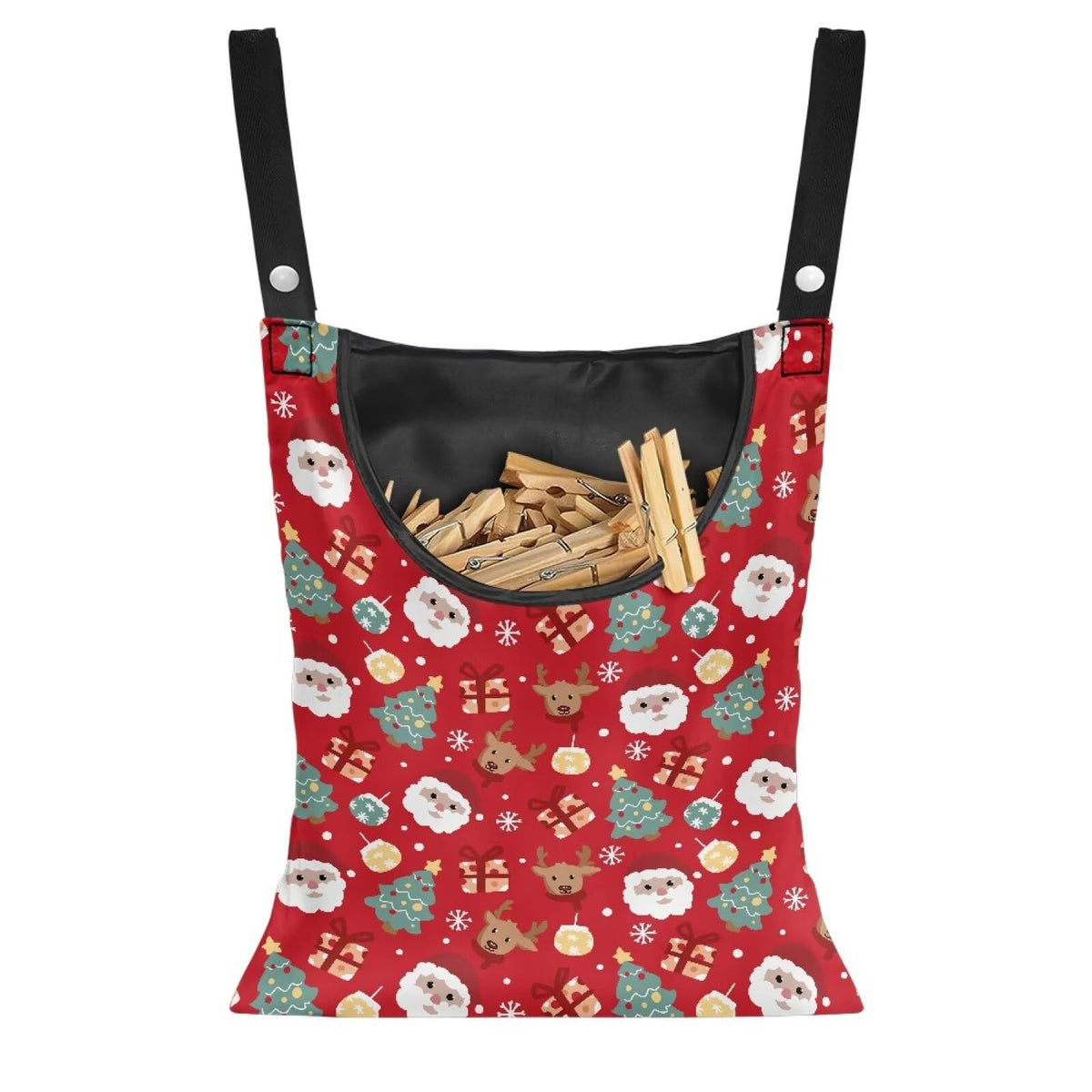 Red Santa Clothespin Pouch Clothespin Bag with Hanging Hook Reindeer Xmas Waterproof Clothes Pin Hanging Bag Space
