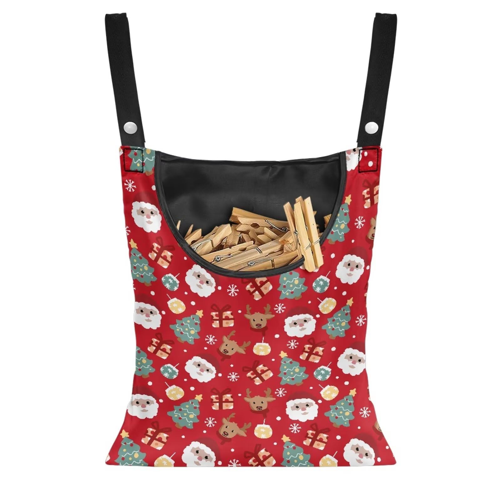 Red Santa Clothespin Pouch Clothespin Bag with Hanging Hook Reindeer Xmas Waterproof Clothes Pin Hanging Bag Space