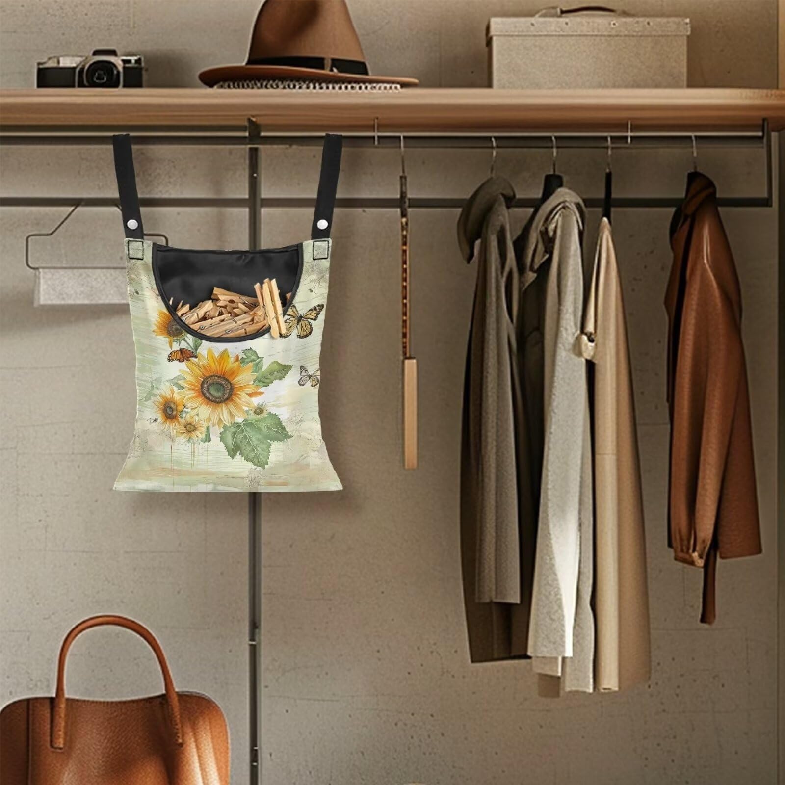 Sunflowers Butterfly Clothespin Bag for Clothesline Outdoor Storage with Hanger Hook