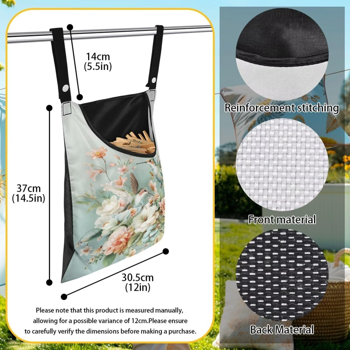 Hummingbird Floral Clothes Pin Bag to Hang On Line Reusable Clothespin Holder Laundry Room Clothespin Holder with Large Opening Space
