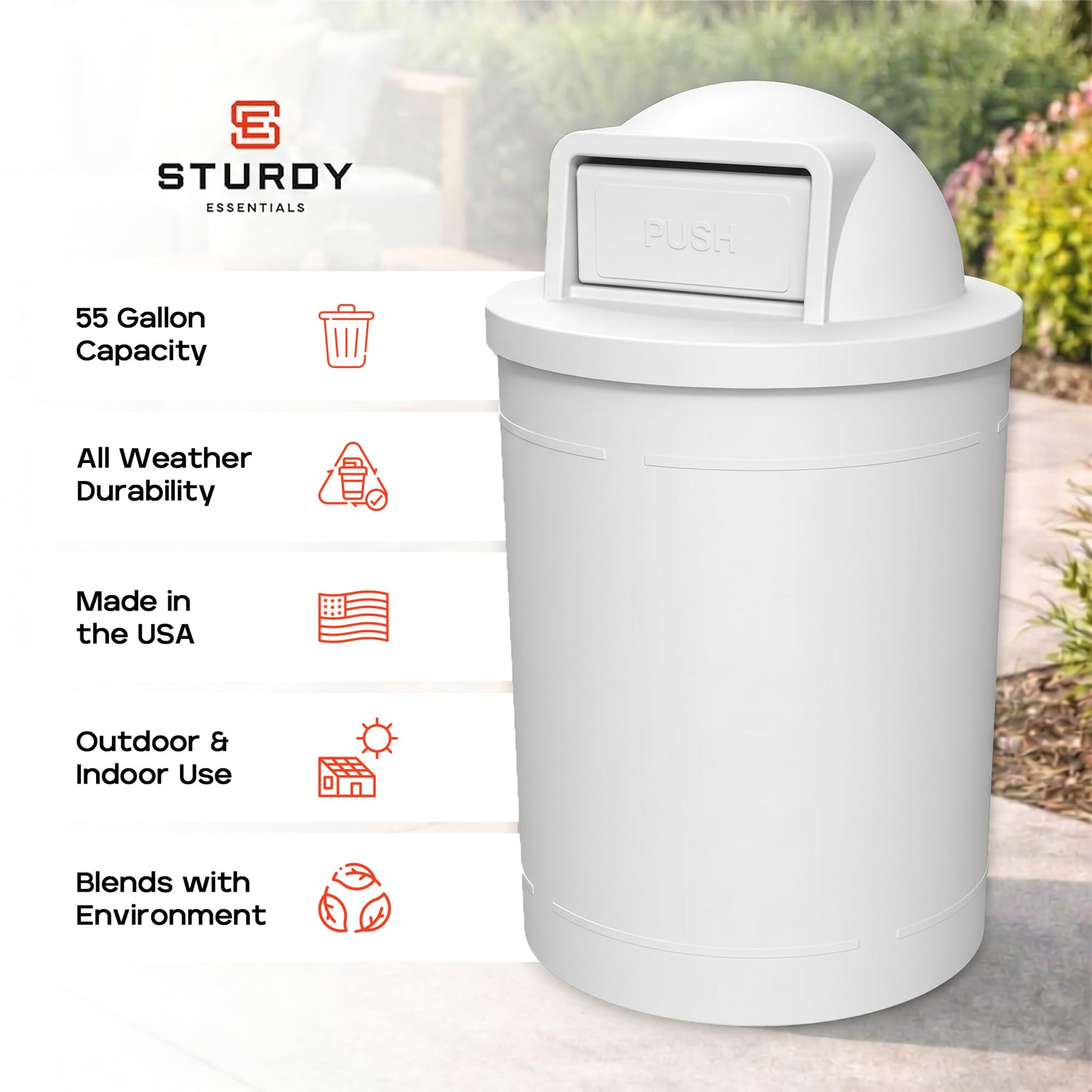 Campus Collection 55 Gallon Plastic Commercial Garbage Can with Push Lid
