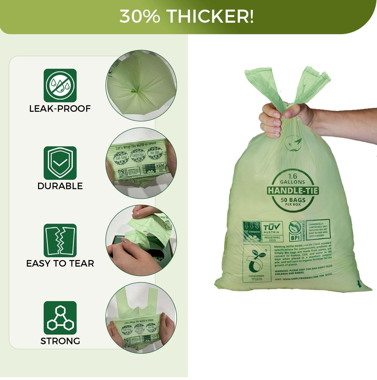 1.6 Gallon Compostable Trash Bags Drawstring (50 Count)