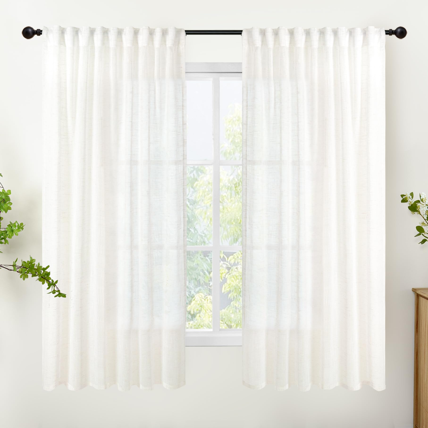 Ivory White Linen Semi Sheer Curtains 68 Inch Length for Living Room (2 Count)