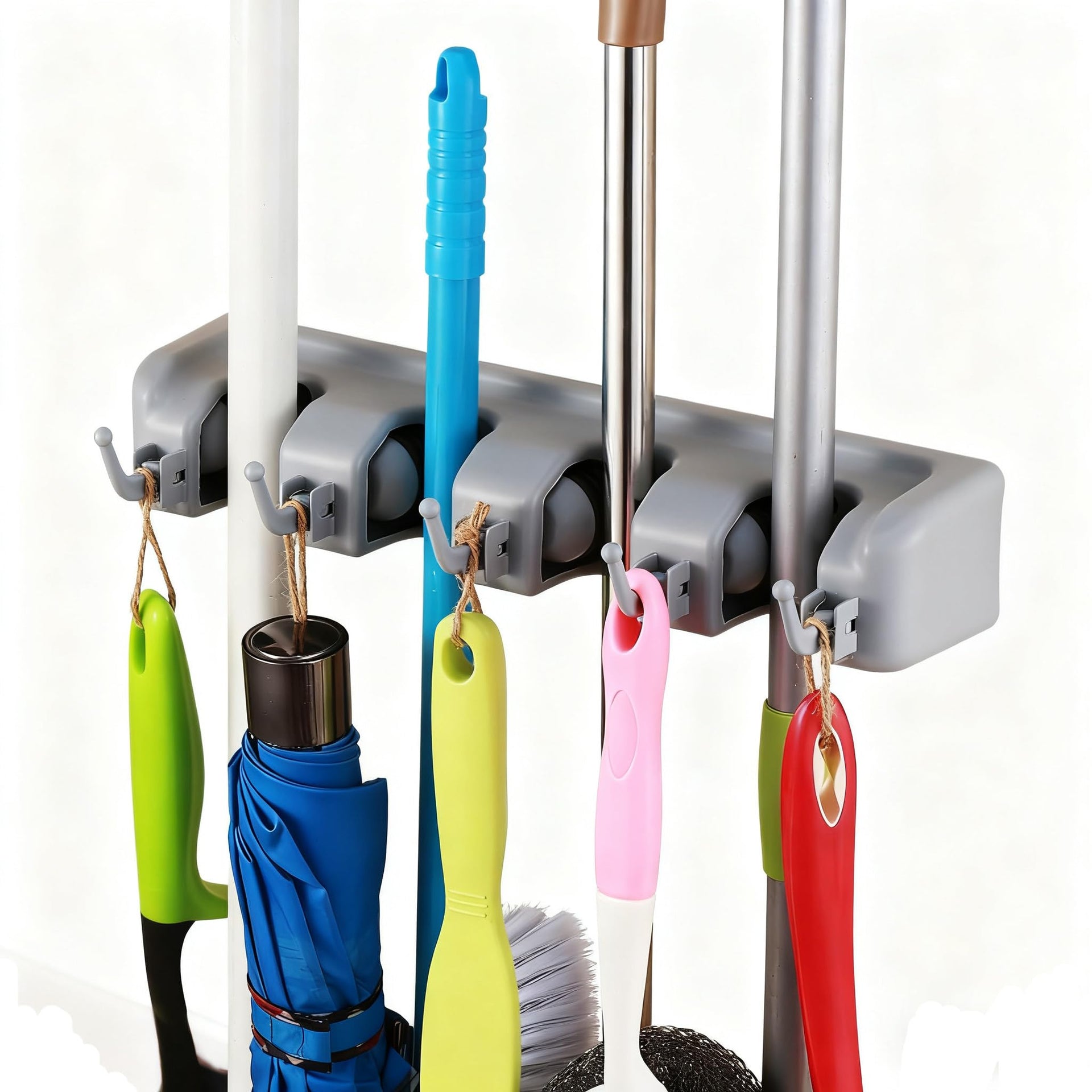 2 Pack Mop and Broom Holder Wall Mounted 4 Position Storage Rack with 5 Retractable Hooks Holds up to 9 Tools Utility Weatherproof Holder for Garage Storage Systems Broom Organizer