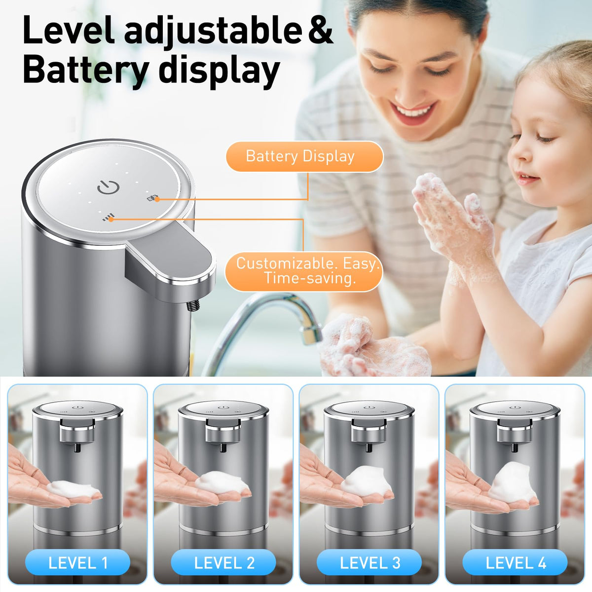 Automatic Foaming Soap Dispenser Foaming Hand Sanitizer Touchless 1500mAh Soap Dispenser Rechargeable with Sensor for Bathroom Kitchen 13.5oz