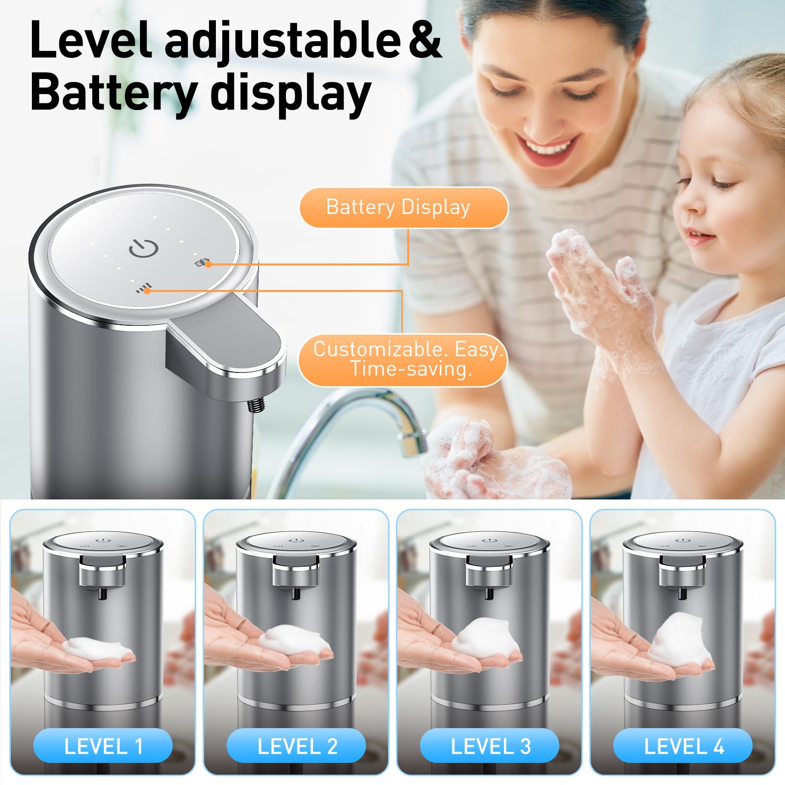 Automatic Foaming Soap Dispenser Foaming Hand Sanitizer Touchless 1500mAh Soap Dispenser Rechargeable with Sensor for Bathroom Kitchen 13.5oz