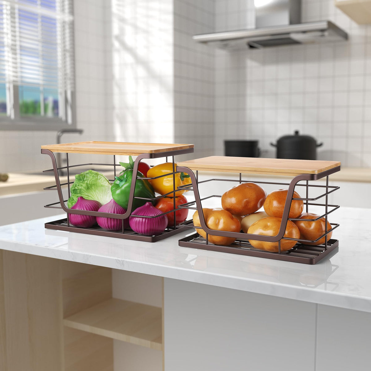 2 Pack Stackable Wire Storage Basket with Bamboo Lid (2 Count)
