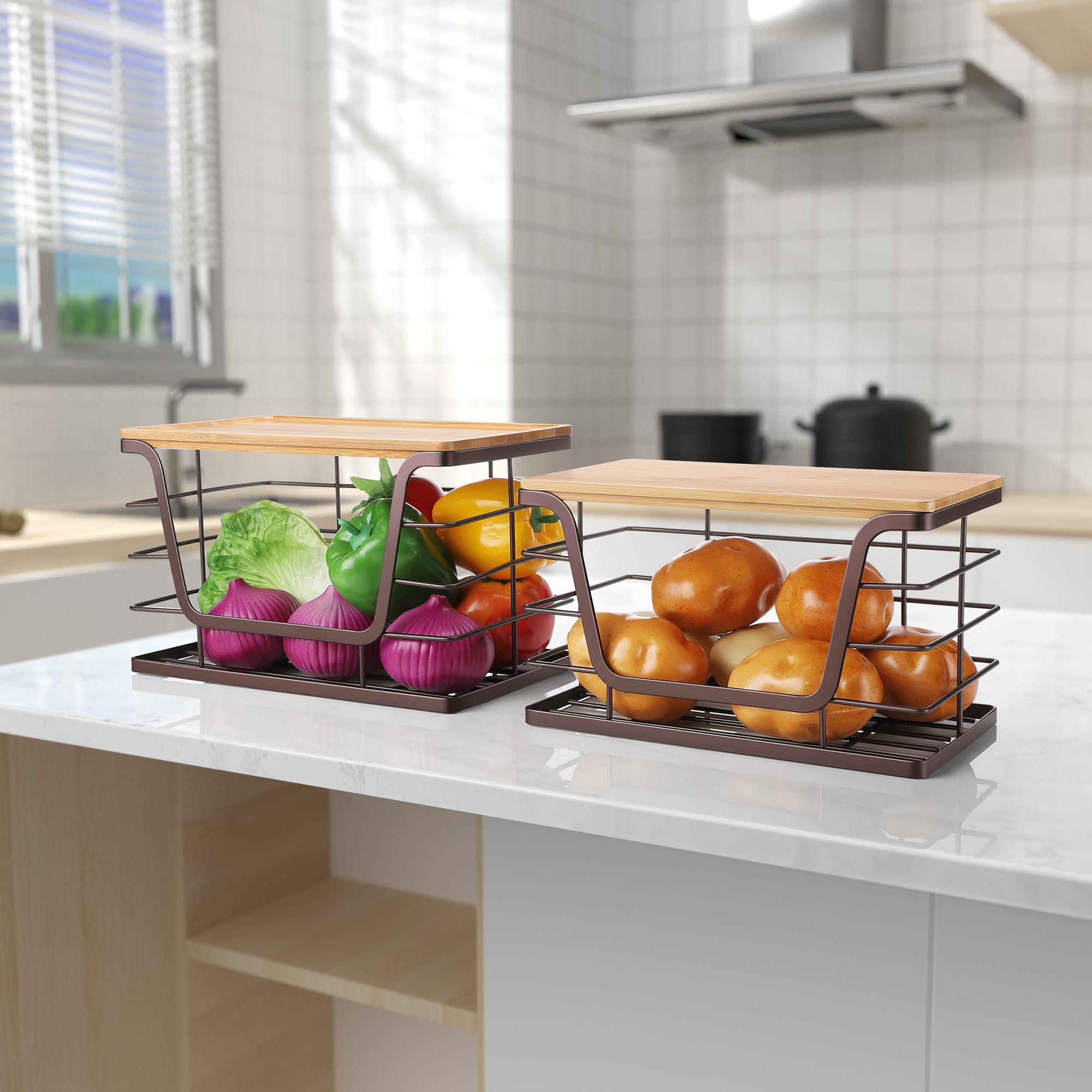 2 Pack Stackable Wire Storage Basket with Bamboo Lid (2 Count)