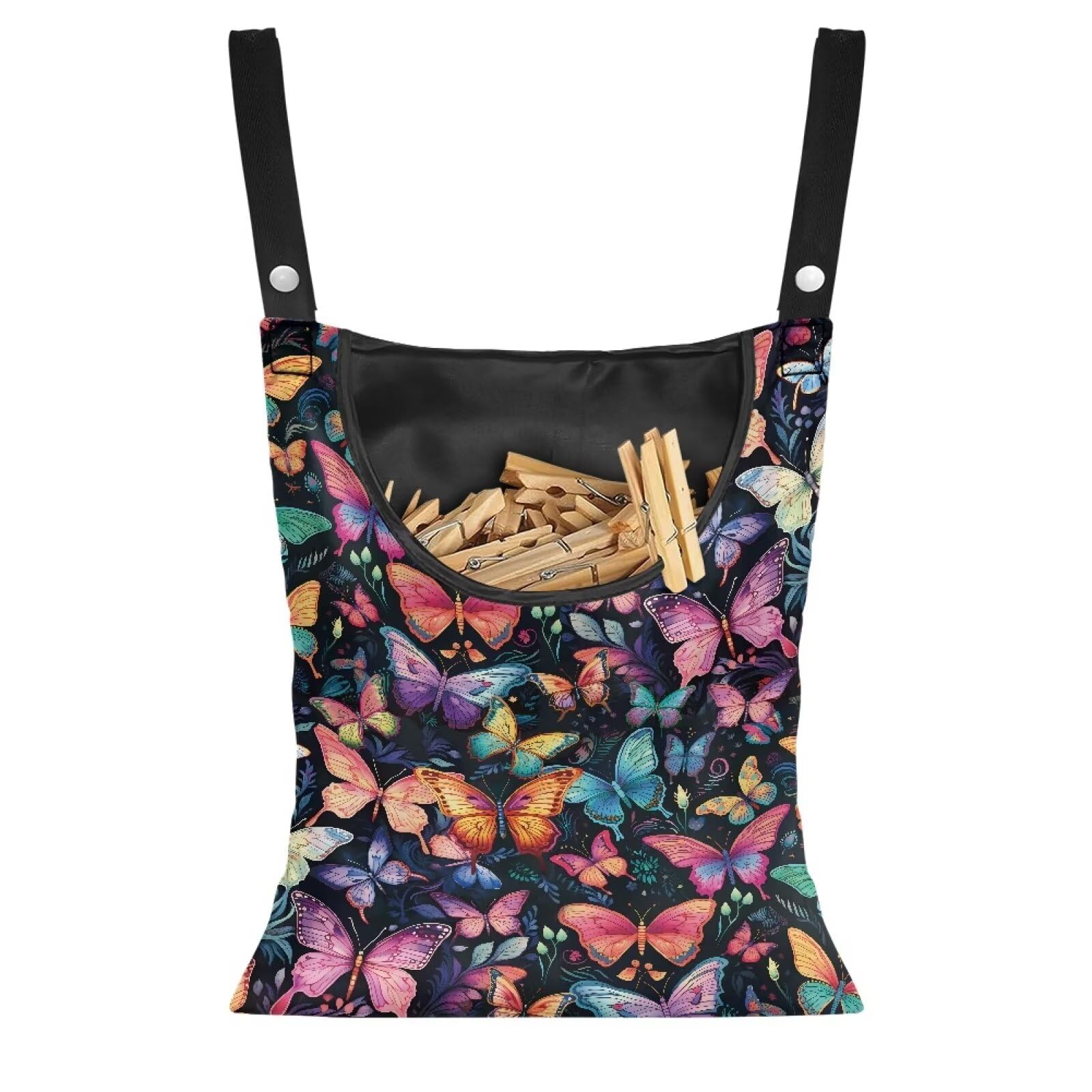 Colorful Butterfly Clothespin Bag with Hanging Hook Summer Laundry Clothes Pin Holder Waterproof Clothes Pin Hanging Bag Clothespin Storage Organizer with Large Opening