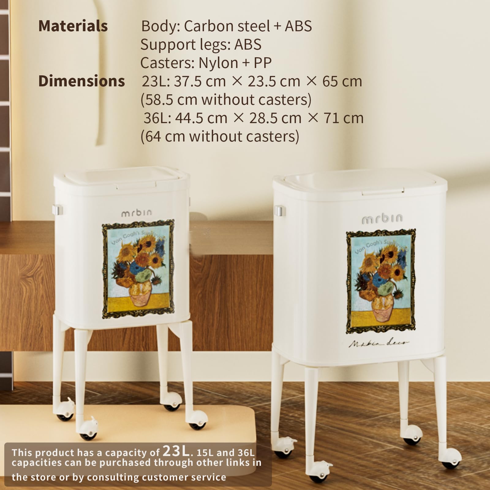 23L Art Decor Trash Can with Wheels