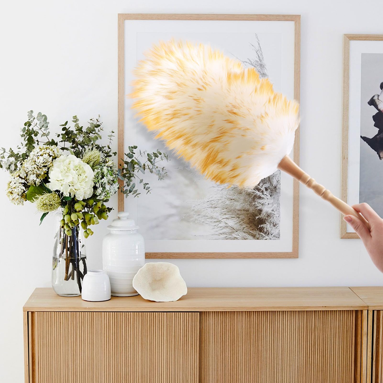 Lambswool Duster for Cleaning with Solid Wooden Handle Leather Hang Strap 19.6 inch Natural Feather Duster for Cleaning Ceiling Fans Window Blinds Computer Furniture (2 Count)