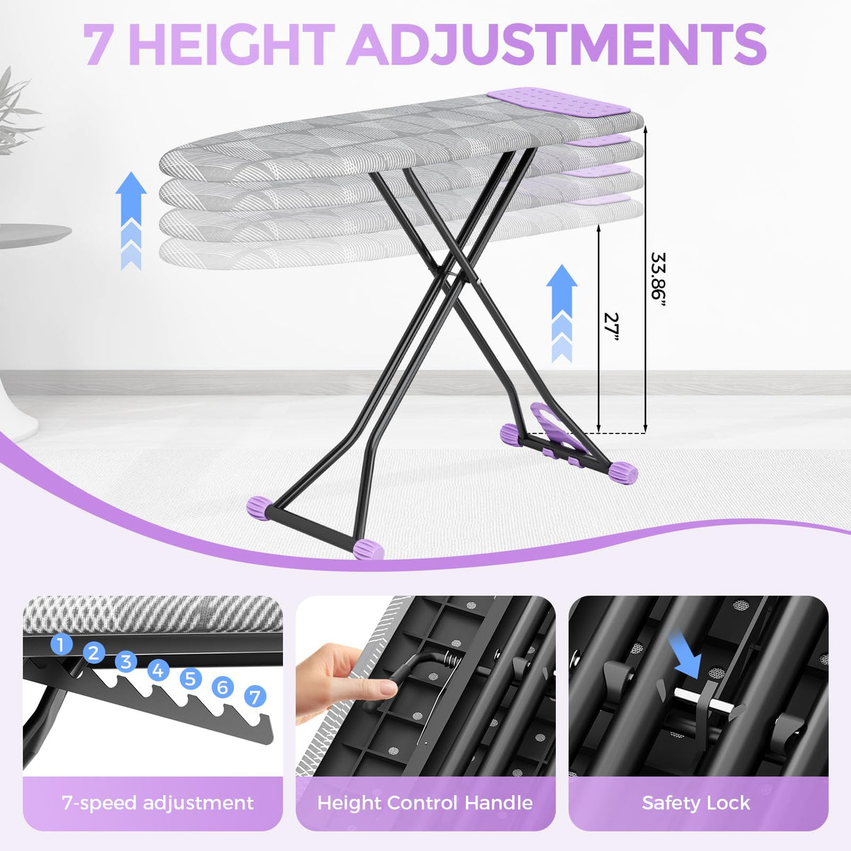 Foldable 7 Level Heigh Adjustable Ironing Board with Iron Rest