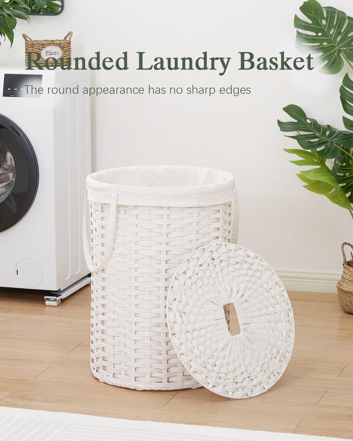 Laundry Basket with Lid Round PE Rattan Laundry Hamper