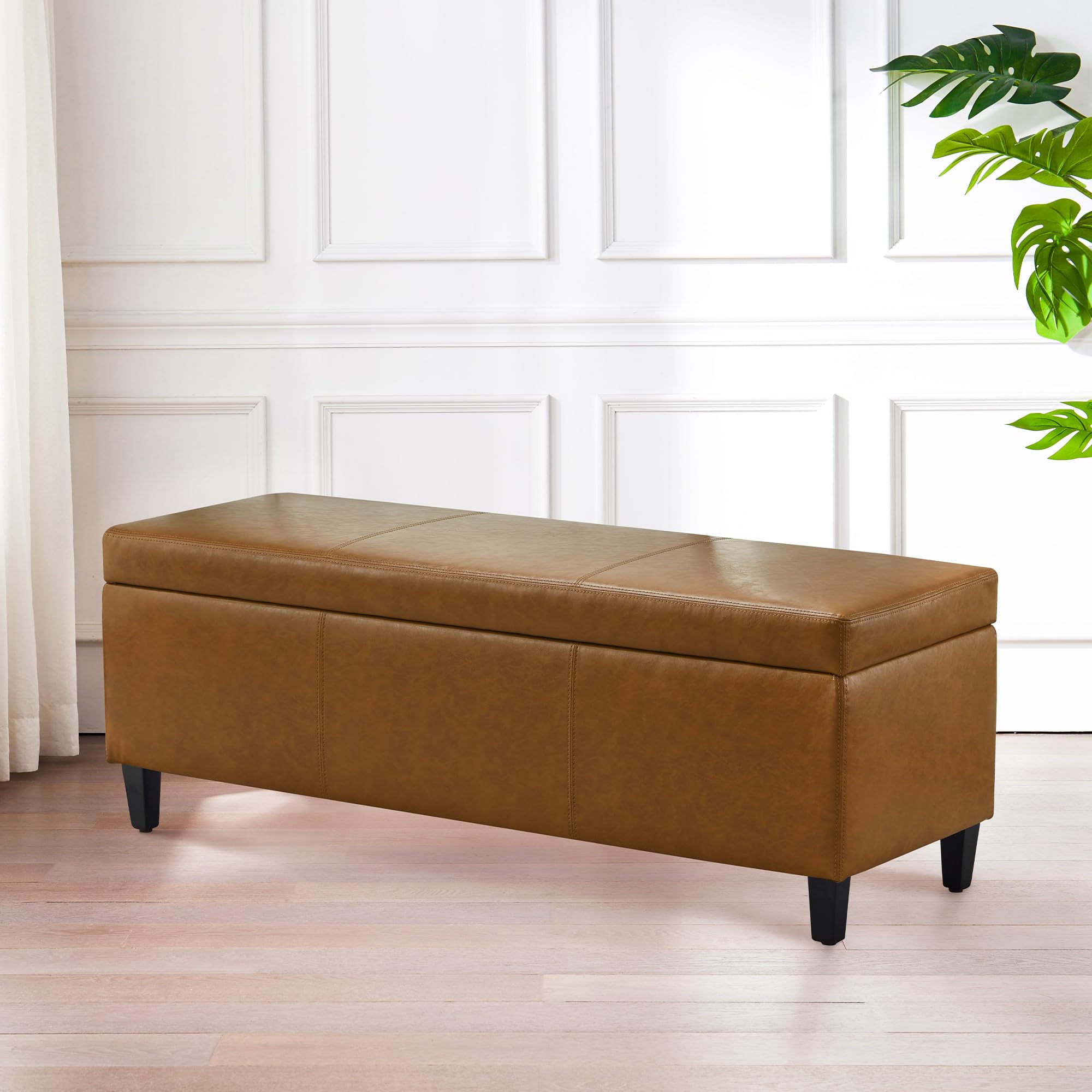 Faux Leather Storage Ottoman Bench 50.3 Inch Extra Long PU Upholstered Bedroom Bench with Large Storage Space for The Living Room