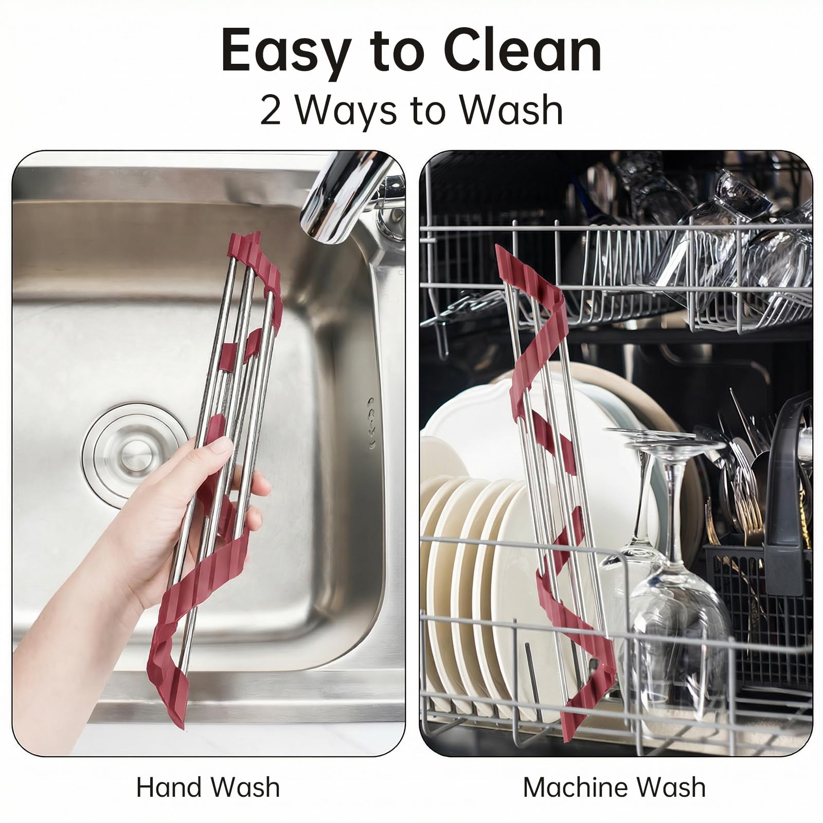 Triangle Roll Up Dish Drying Rack 304 Stainless Steel Wine Red