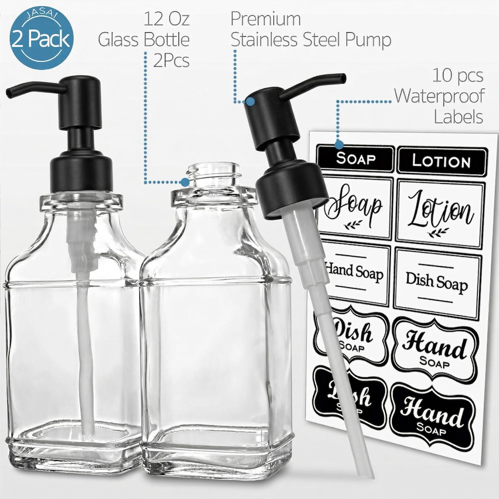 2Pack Hand & Dish Glass Soap Dispenser with Black Rust Proof Pump (2 Count)