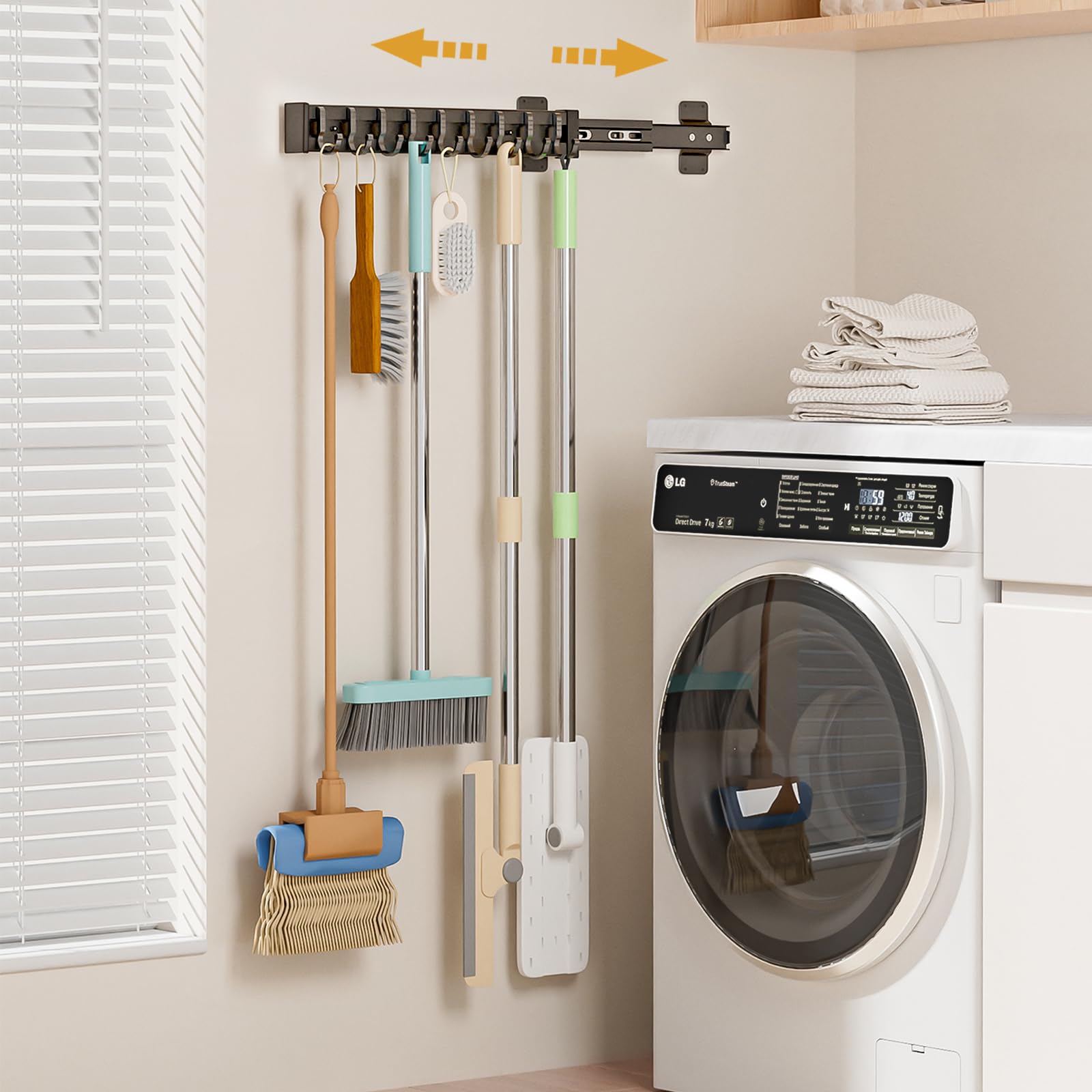 Pull Out Broom Holder With 9 Adjustable Row Sliding Hook