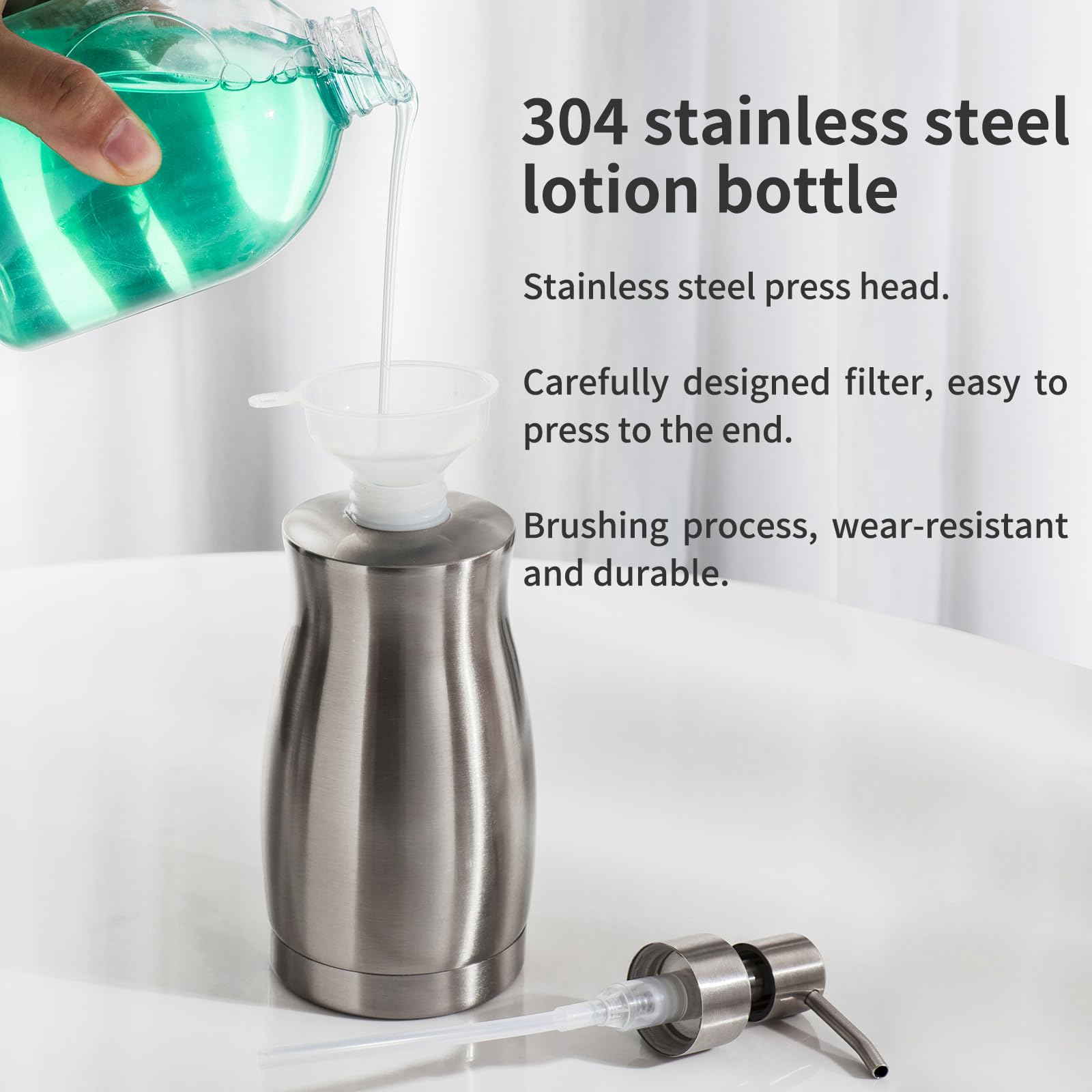 Brushed Stainless Steel Countertop Soap Dispenser Rust and Leak Resistant Hand Soap Pump with Funnel for Kitchen Countertops and Bathroom Dispensers