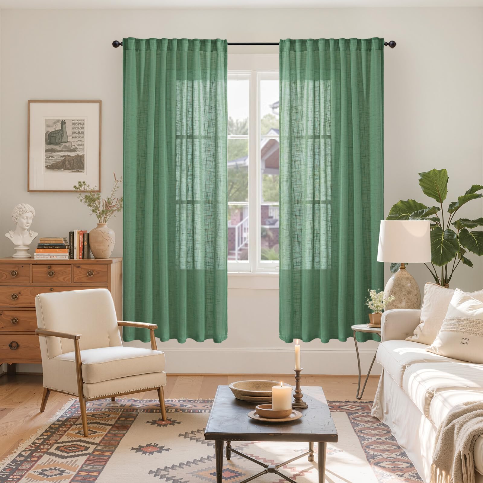 Green Linen Semi Sheer Curtains 72 Inch Length (2 Count)