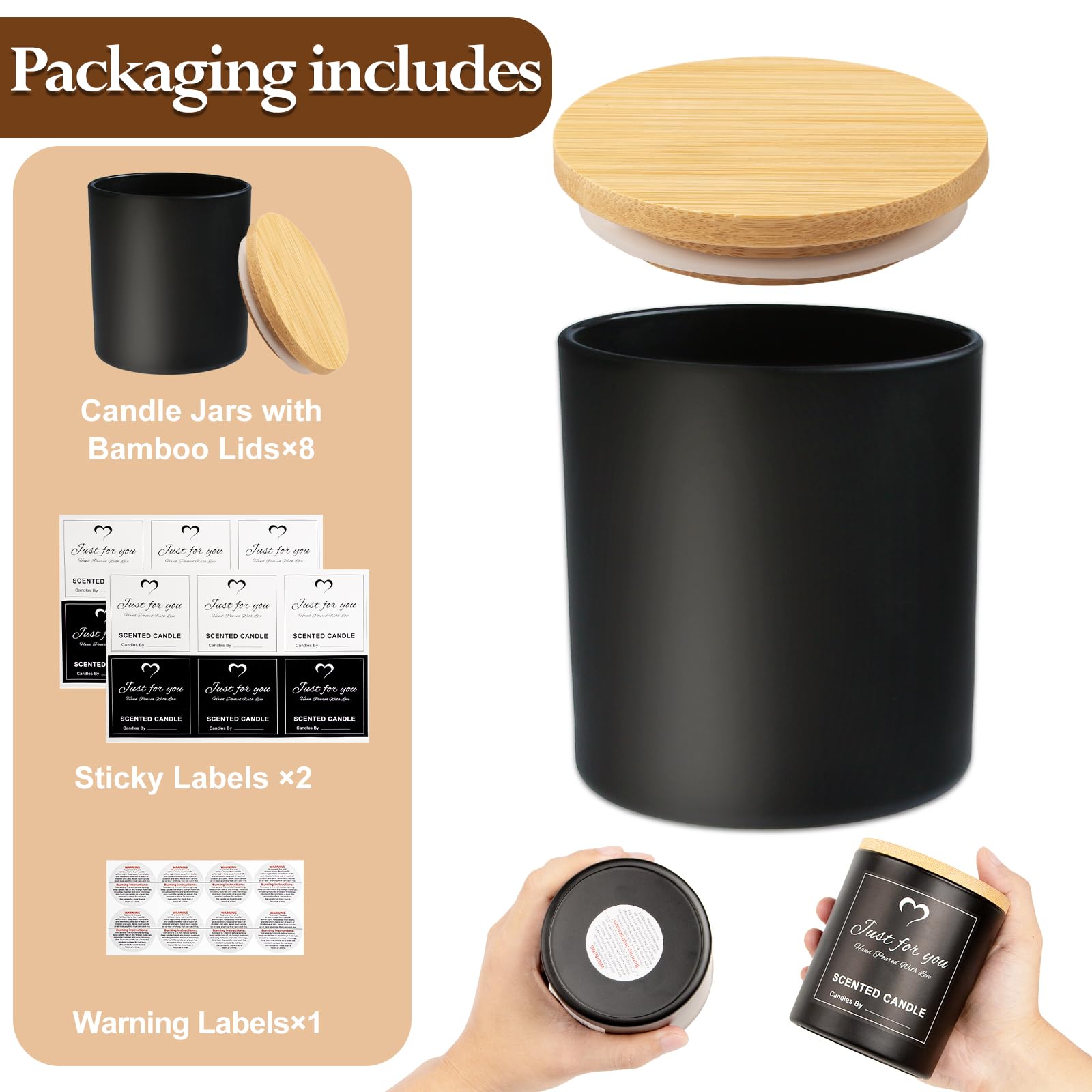 8 Pack 14 OZ Black Glass Candle Jars with Bamboo Lids (8 Count)
