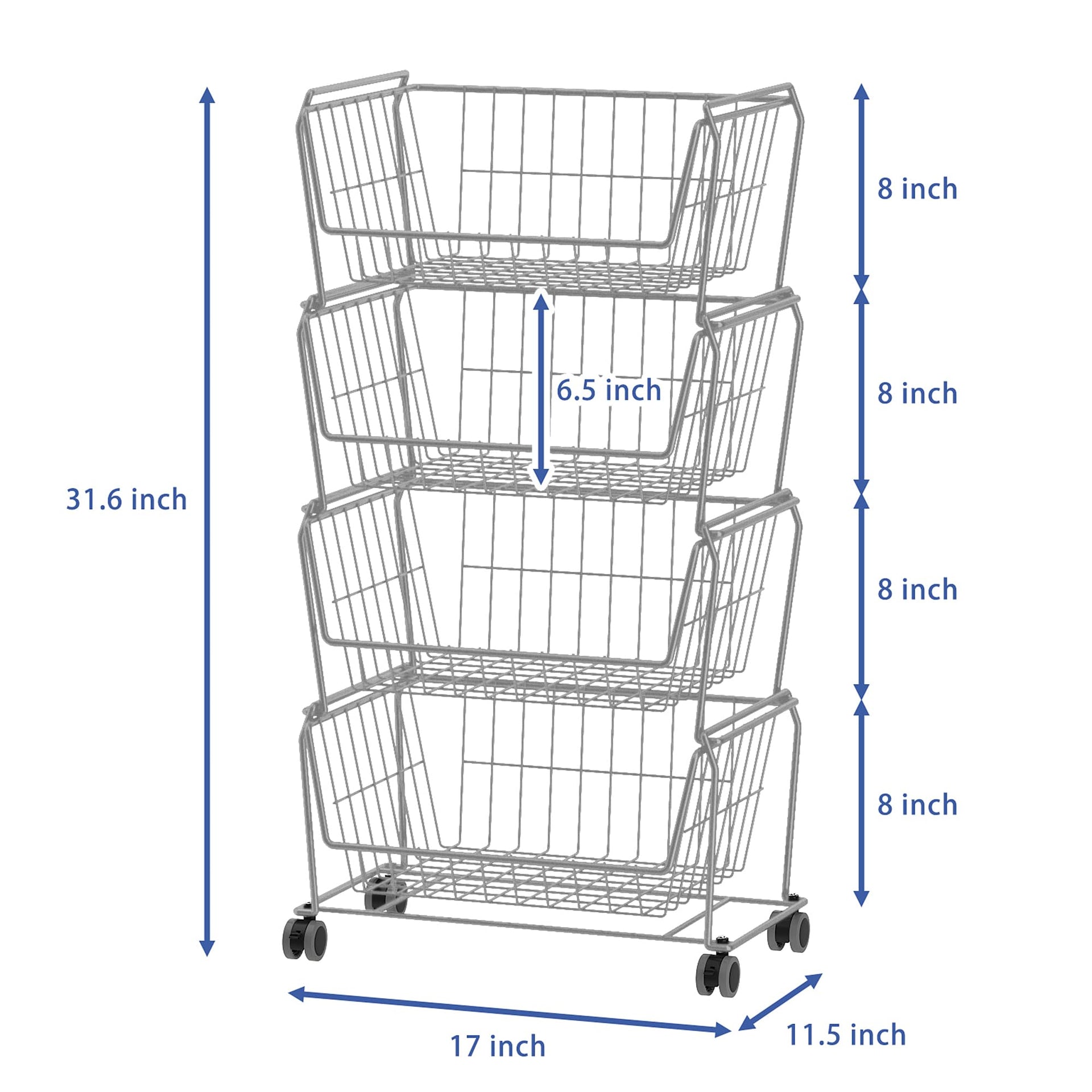 4 Tier Spacious Stackable Wire Storage Baskets with Wheels