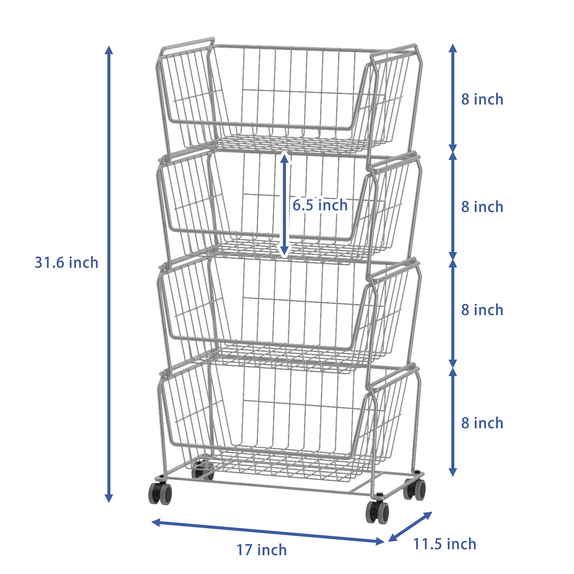 4 Tier Spacious Stackable Wire Storage Baskets with Wheels