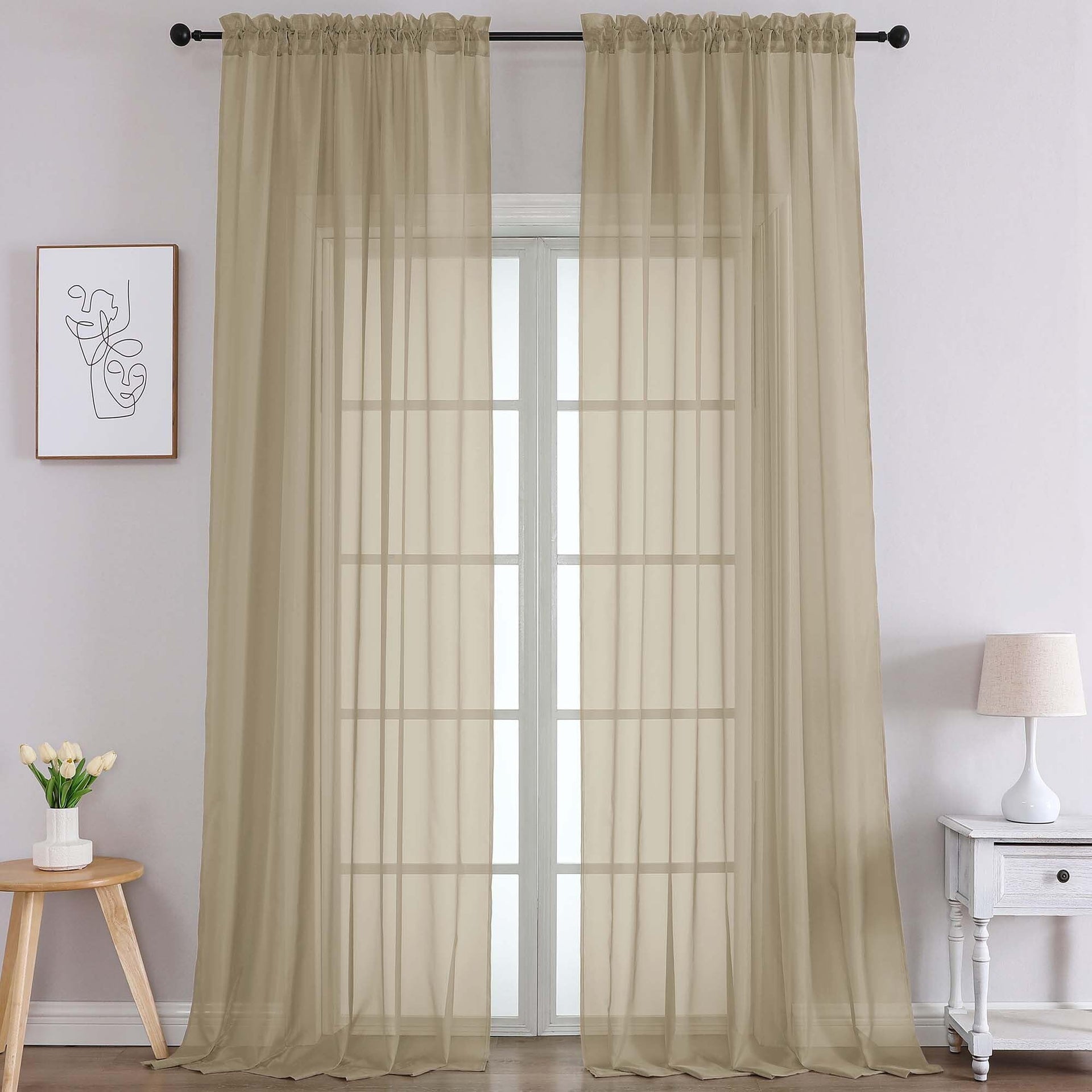Extra Long Taupe Sheer Curtains 108 Inches Long 2 Panels (2 Count)