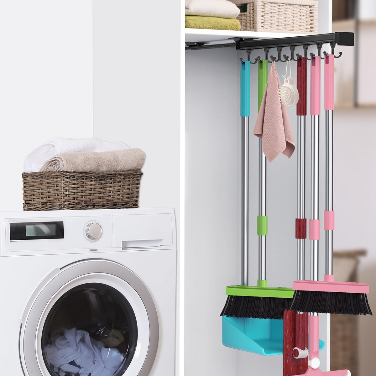 Pull Out Broom Holder With Adjustable Double Row Sliding Hook