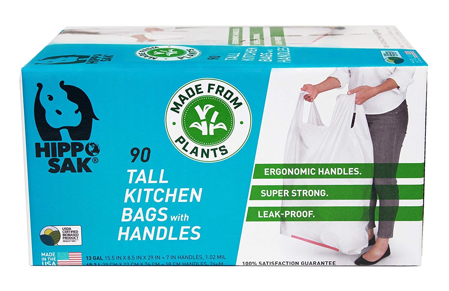 Plant Based Tall Kitchen Garbage Bags with Ergonomic Handles (90 Count)