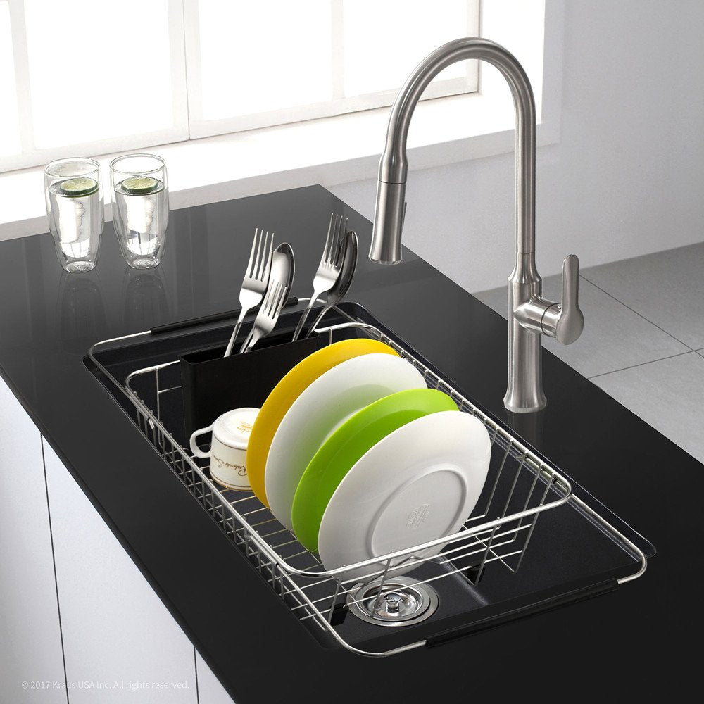 Dish Drying Rack with Stainless Steel Utensil Holder Large Dish Rack Drainer Drain Expandable Shelf Dish Rack in Sink or Over Sink or On Counter Rustproof Stainless Steel