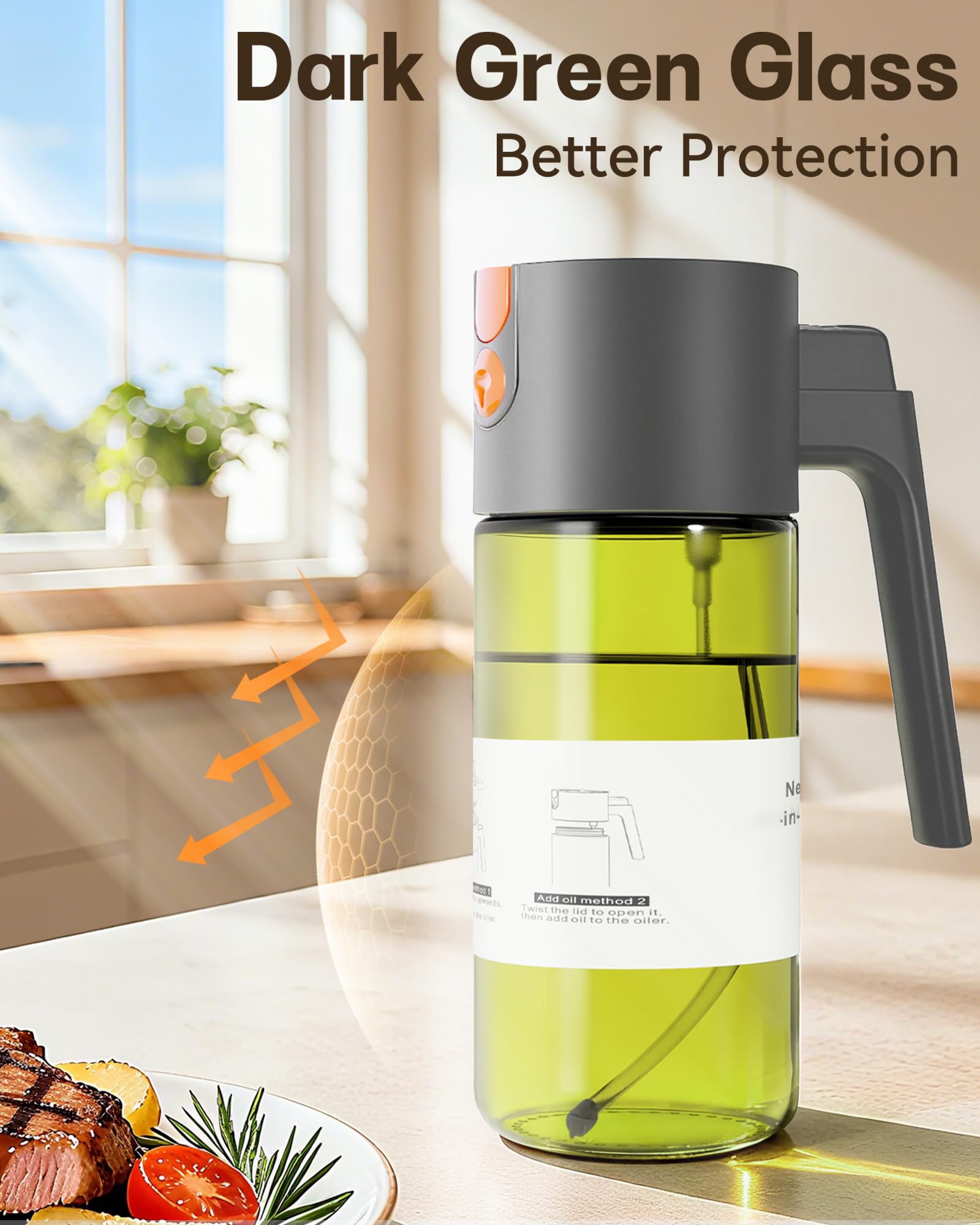 Olive Oil Sprayer & Dispenser Bottle for Cooking 17oz Dark Glass Oil Mister